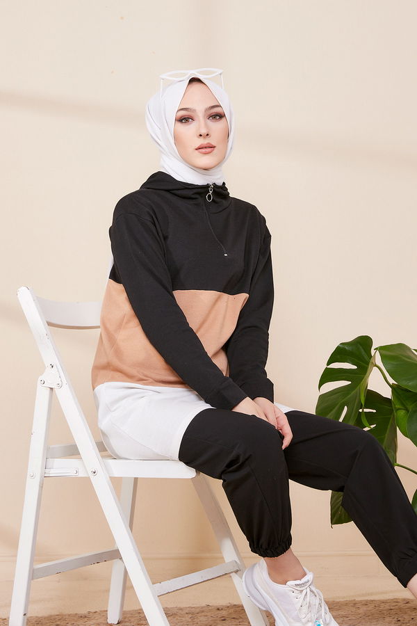Düz Kapsonlu Yaka Kadın Taba Kapsonlu Tunık - 3427 TABA