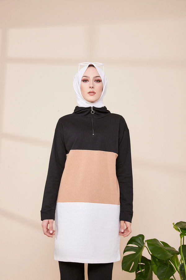 Düz Kapsonlu Yaka Kadın Taba Kapsonlu Tunık - 3427 TABA