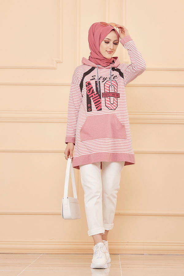 Düz Orta Kadın Pembe KAPSONLU TUNIK - 8721 PEMBE