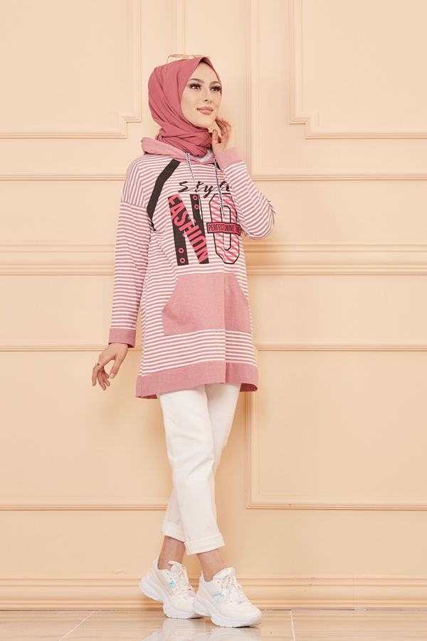 Düz Orta Kadın Pembe KAPSONLU TUNIK - 8721 PEMBE