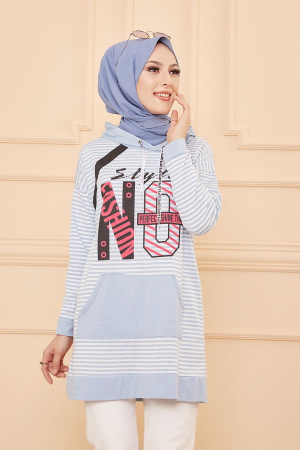 Düz Orta Kadın Mavi KAPSONLU TUNIK - 8721 MAVİ