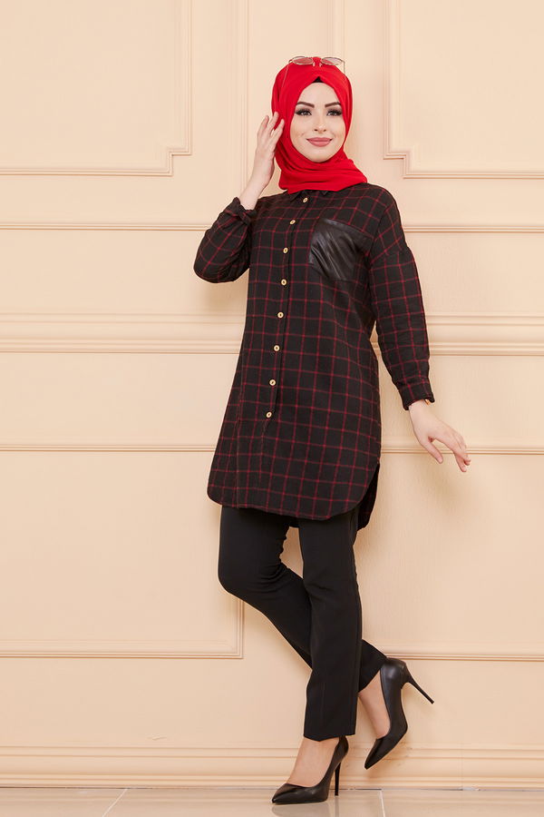 Düz Gömlek Yaka Kadın Bordo TUNIK - 3377