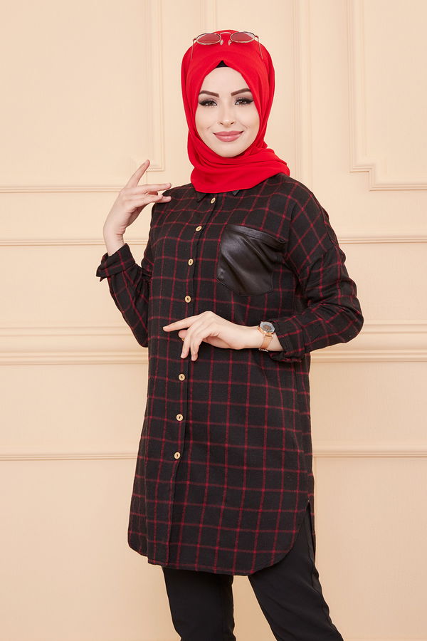 Düz Gömlek Yaka Kadın Bordo TUNIK - 3377
