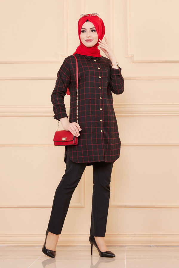 Düz Gömlek Yaka Kadın Bordo TUNIK - 3377