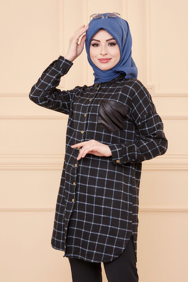 Düz Gömlek Yaka Kadın Mavi TUNIK - 3377