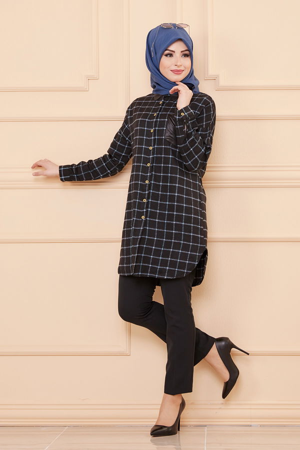 Düz Gömlek Yaka Kadın Mavi TUNIK - 3377