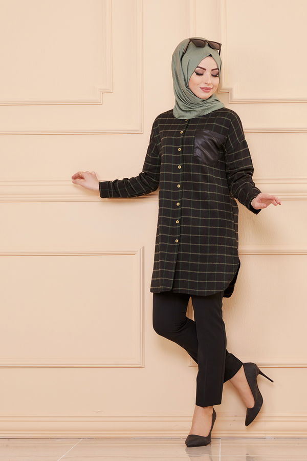 Düz Gömlek Yaka Kadın Yeşil TUNIK - 3377 YEŞİL