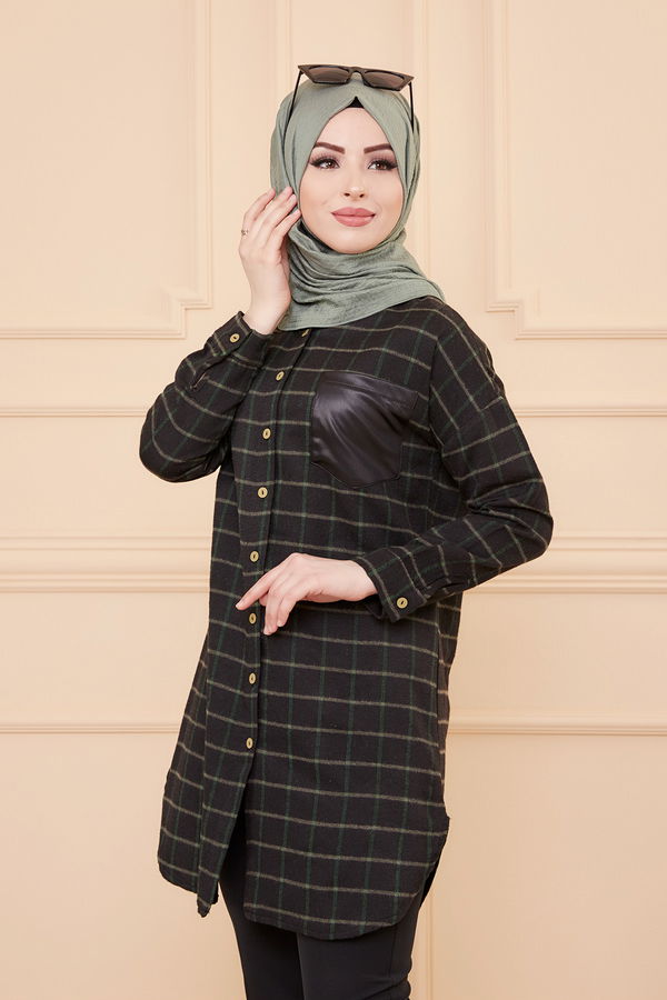 Düz Gömlek Yaka Kadın Yeşil TUNIK - 3377 YEŞİL