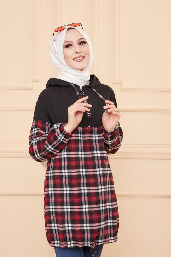 Düz Kapşonlu Yaka Kadın Bordo KAPSONLU TUNIK - 3300