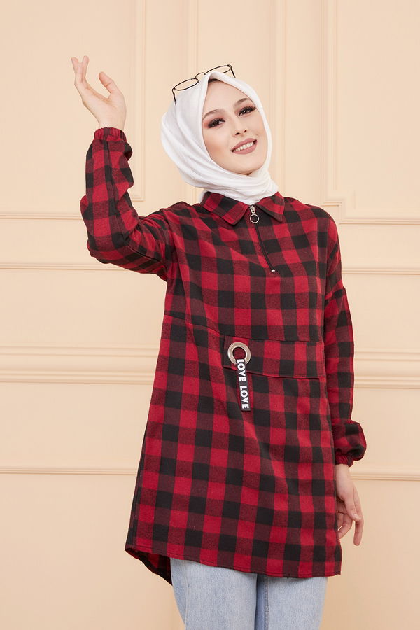 Düz Gömlek Yaka Kadın Bordo TUNIK - 3309 BORDO