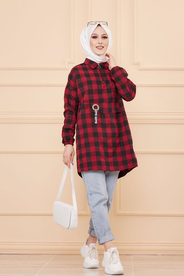 Düz Gömlek Yaka Kadın Bordo TUNIK - 3309 BORDO