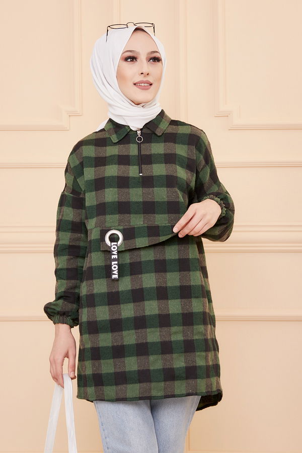 Düz Gömlek Yaka Kadın Yeşil TUNIK - 3309 YEŞİL