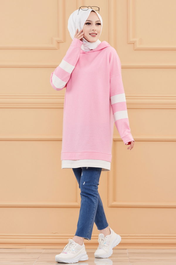 Düz Kapsonlu Yaka Kadın Pembe Tunik - 3426 PEMBE