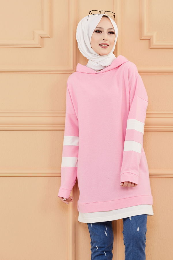 Düz Kapsonlu Yaka Kadın Pembe Tunik - 3426 PEMBE