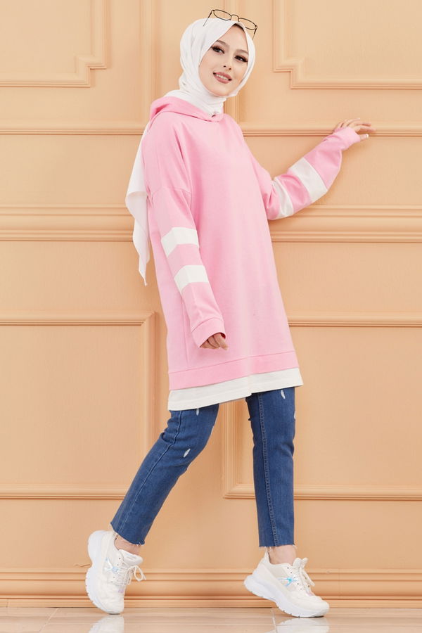 Düz Kapsonlu Yaka Kadın Pembe Tunik - 3426 PEMBE