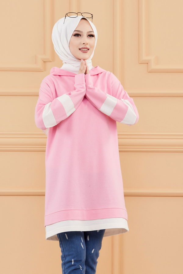 Düz Kapsonlu Yaka Kadın Pembe Tunik - 3426 PEMBE