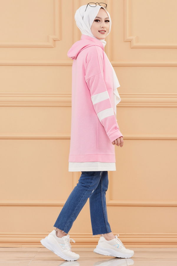 Düz Kapsonlu Yaka Kadın Pembe Tunik - 3426 PEMBE