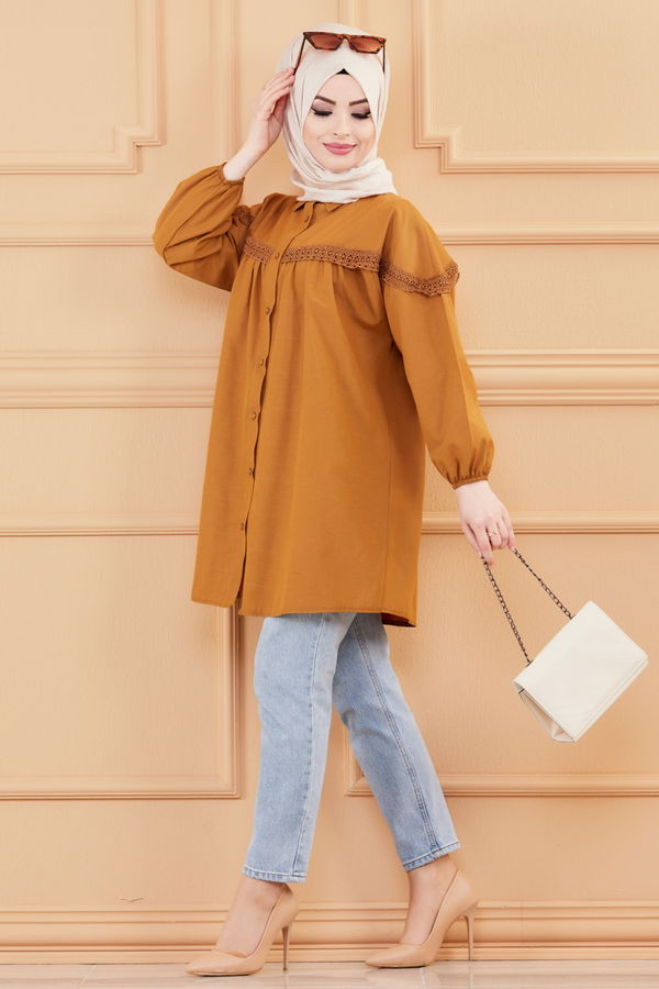 Düz Gömlek Yaka Kadın Taba TUNIK - 8696