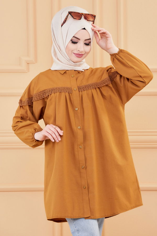 Düz Gömlek Yaka Kadın Taba TUNIK - 8696
