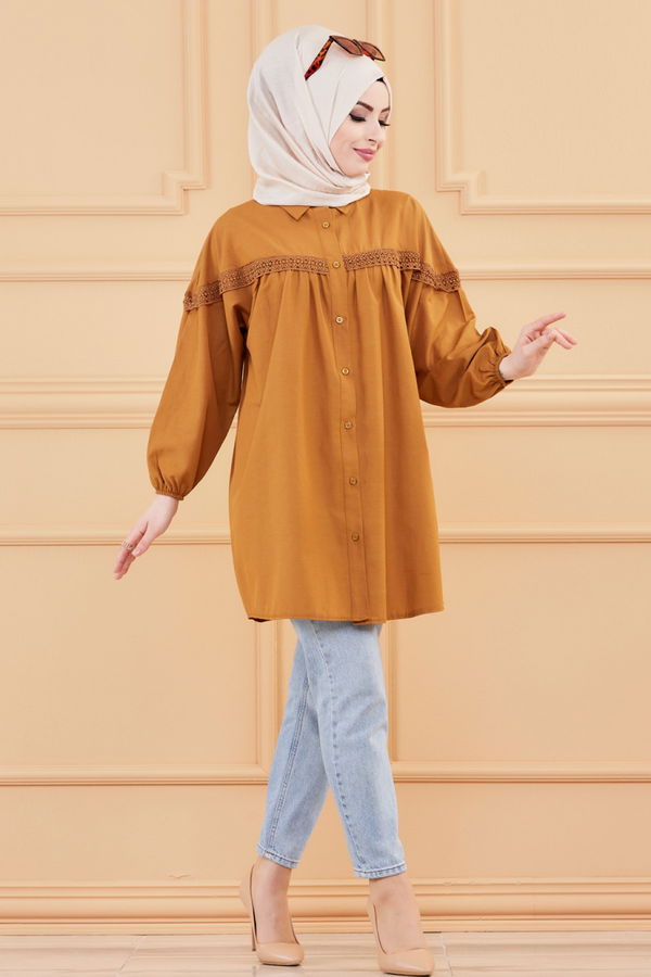 Düz Gömlek Yaka Kadın Taba TUNIK - 8696