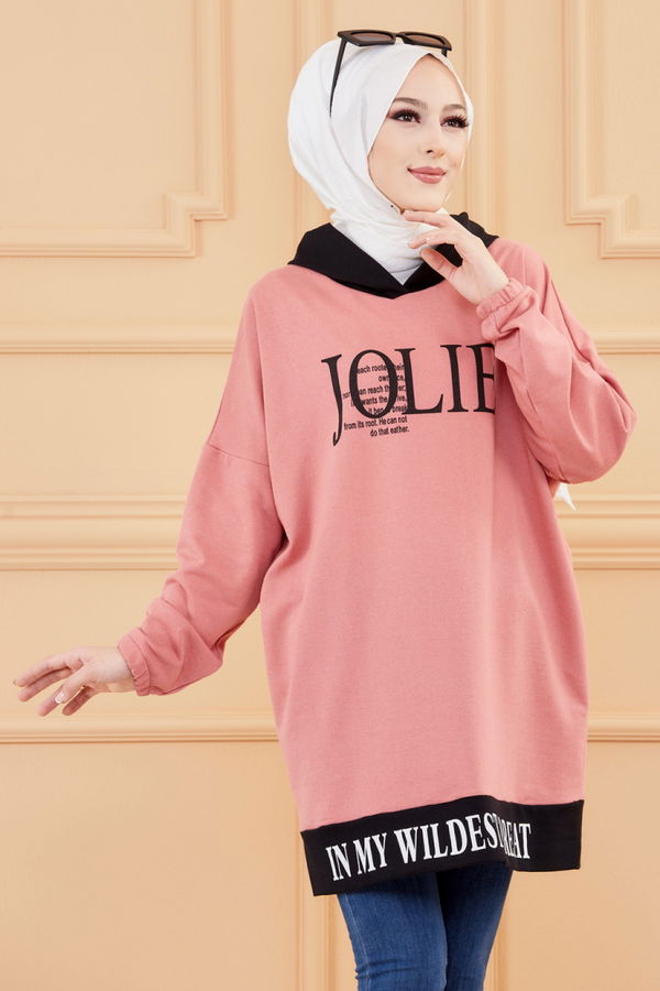 Düz Kapsonlu Yaka Kadın Pembe BASKILI SWAET - 3518 PEMBE
