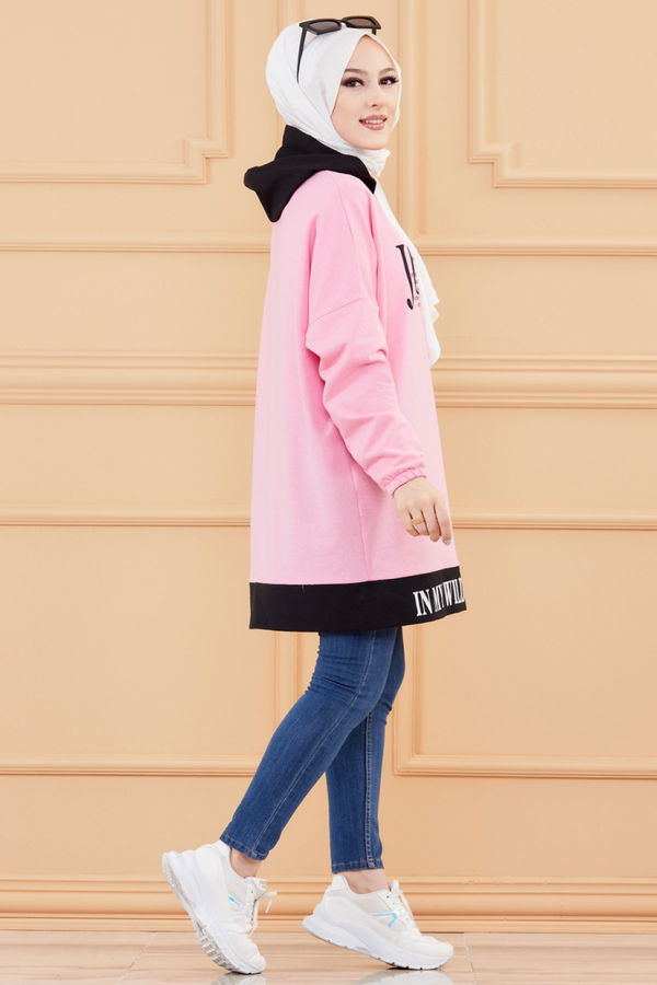 Düz Kapsonlu Yaka Kadın Pembe BASKILI SWAET - 3518 PEMBE