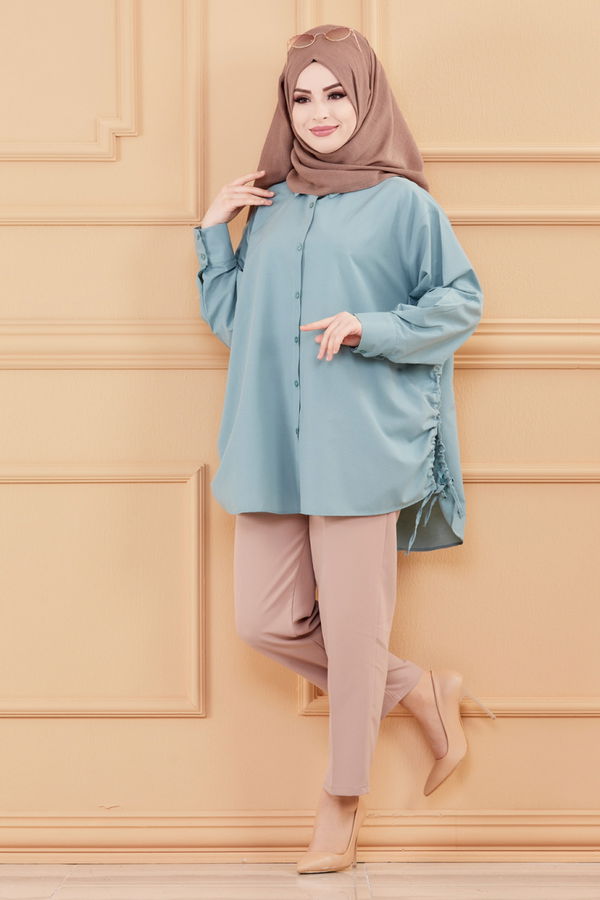 Düz Gömlek Yaka Kadın Yeşil TUNIK - 8695 YEŞİL