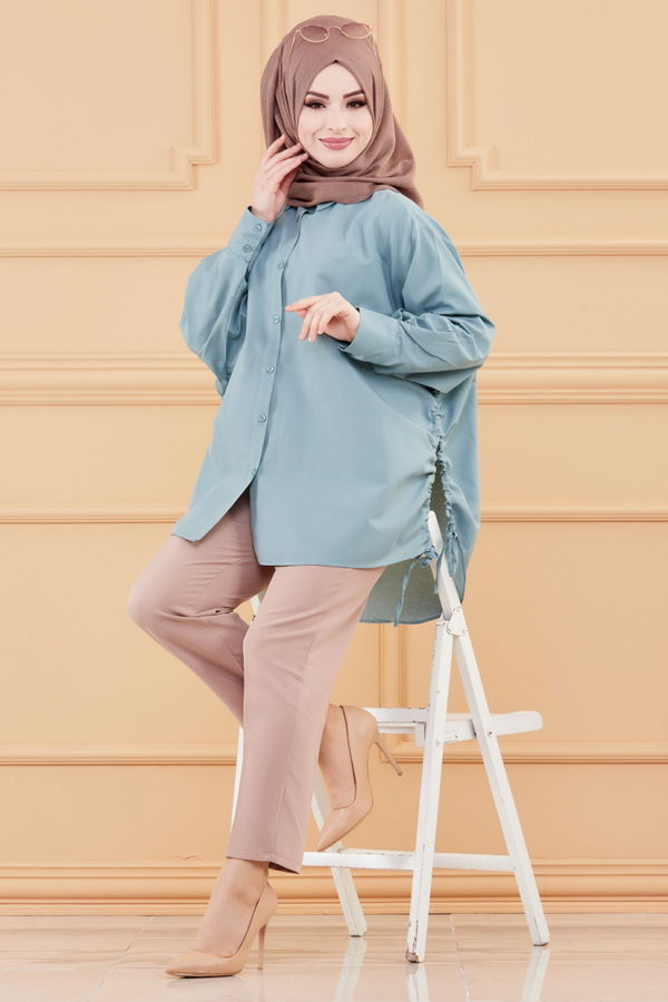 Düz Gömlek Yaka Kadın Yeşil TUNIK - 8695 YEŞİL