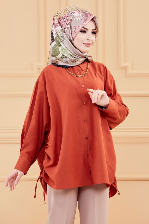 Düz Gömlek Yaka Kadın Kiremit TUNIK - 8695 KİREMİT
