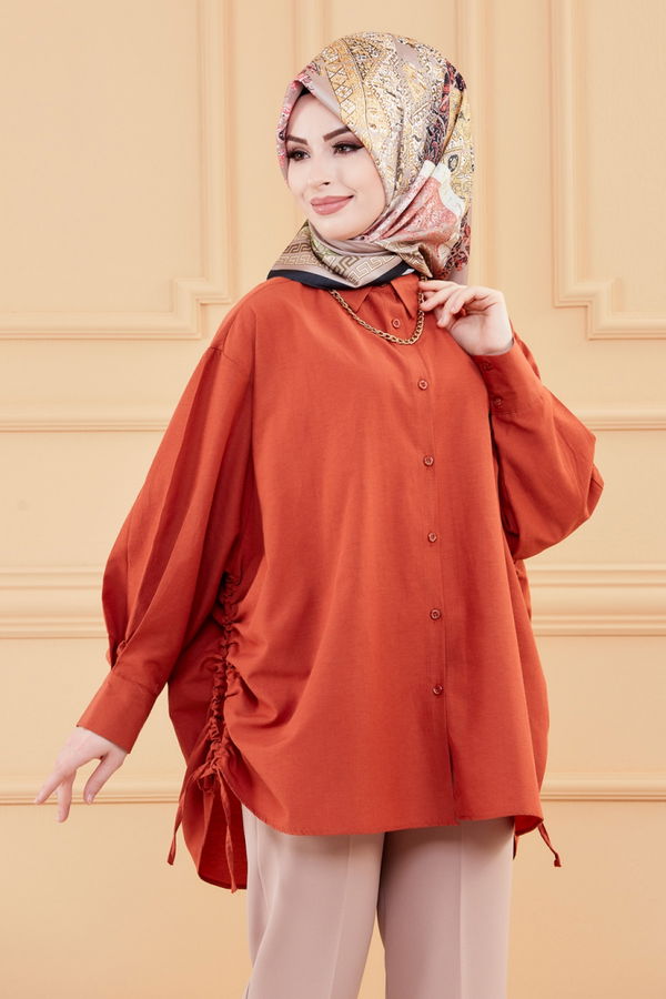 Düz Gömlek Yaka Kadın Kiremit TUNIK - 8695 KİREMİT