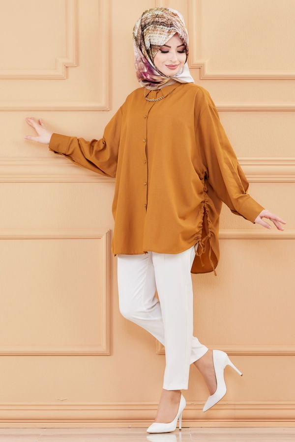 Düz Gömlek Yaka Kadın Taba TUNIK - 8695