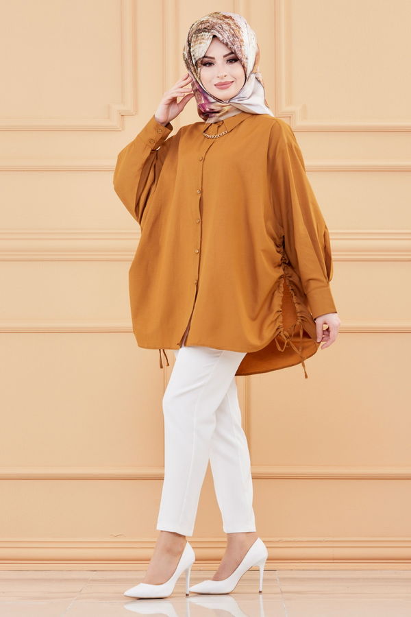 Düz Gömlek Yaka Kadın Taba TUNIK - 8695