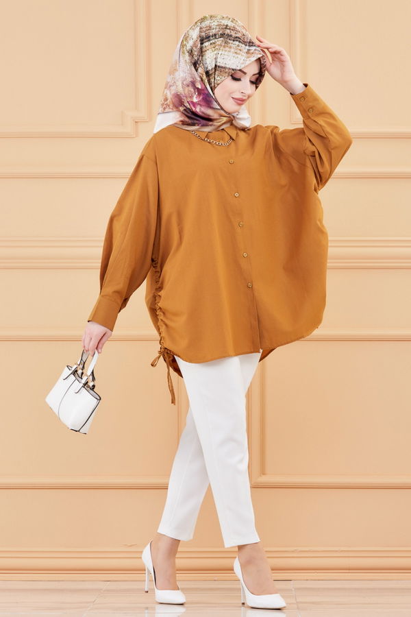 Düz Gömlek Yaka Kadın Taba TUNIK - 8695