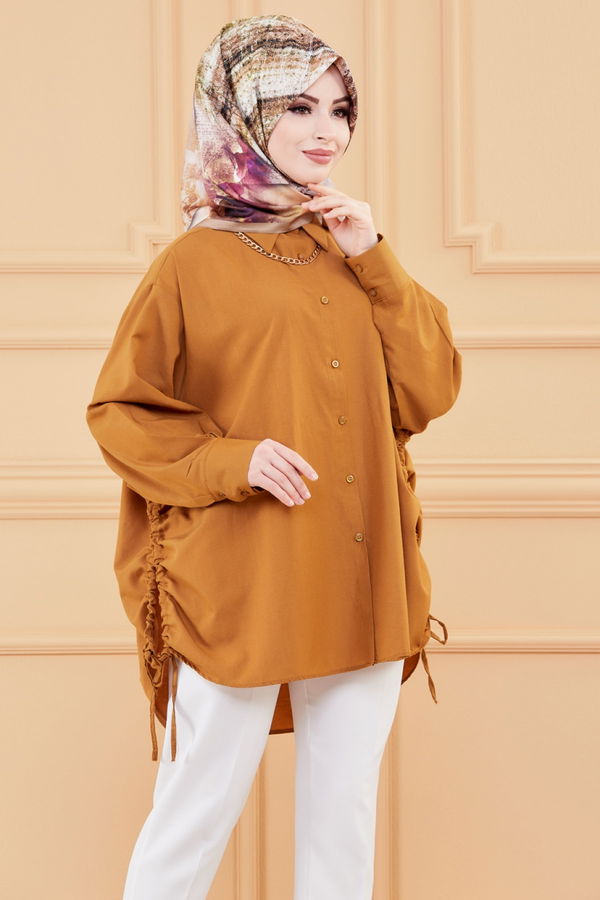Düz Gömlek Yaka Kadın Taba TUNIK - 8695