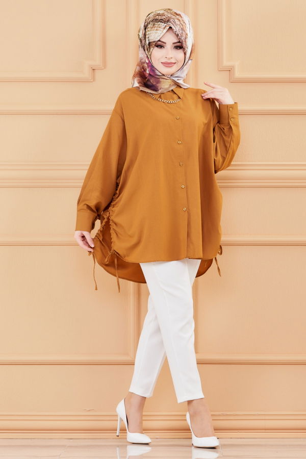 Düz Gömlek Yaka Kadın Taba TUNIK - 8695