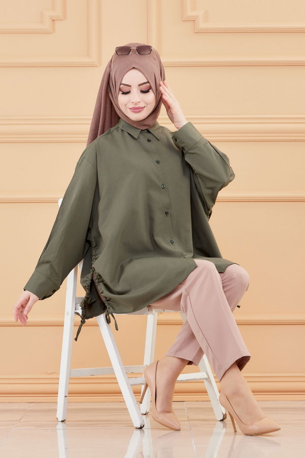 Düz Gömlek Yaka Kadın Haki TUNIK - 8695
