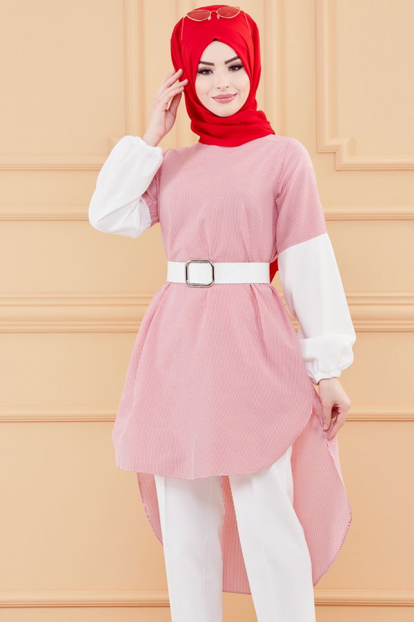 Düz Bisiklet Yaka Kadın Kırmızı CIZGILI TUNIK - 3241