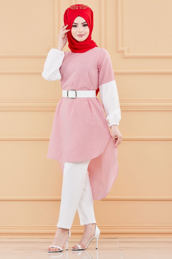 Düz Bisiklet Yaka Kadın Kırmızı CIZGILI TUNIK - 3241