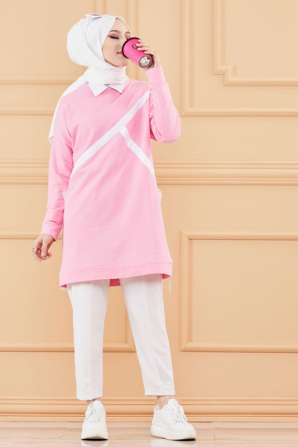 Düz Bisiklet Yaka Kadın Pembe TUNIK - 3372 PEMBE