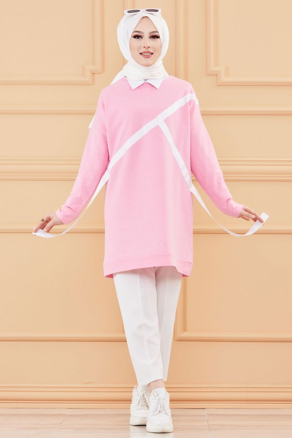 Düz Bisiklet Yaka Kadın Pembe TUNIK - 3372 PEMBE