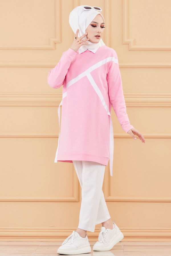 Düz Bisiklet Yaka Kadın Pembe TUNIK - 3372 PEMBE