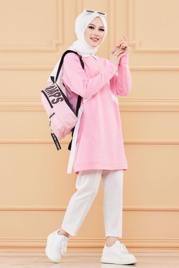 Düz Bisiklet Yaka Kadın Pembe TUNIK - 3372 PEMBE