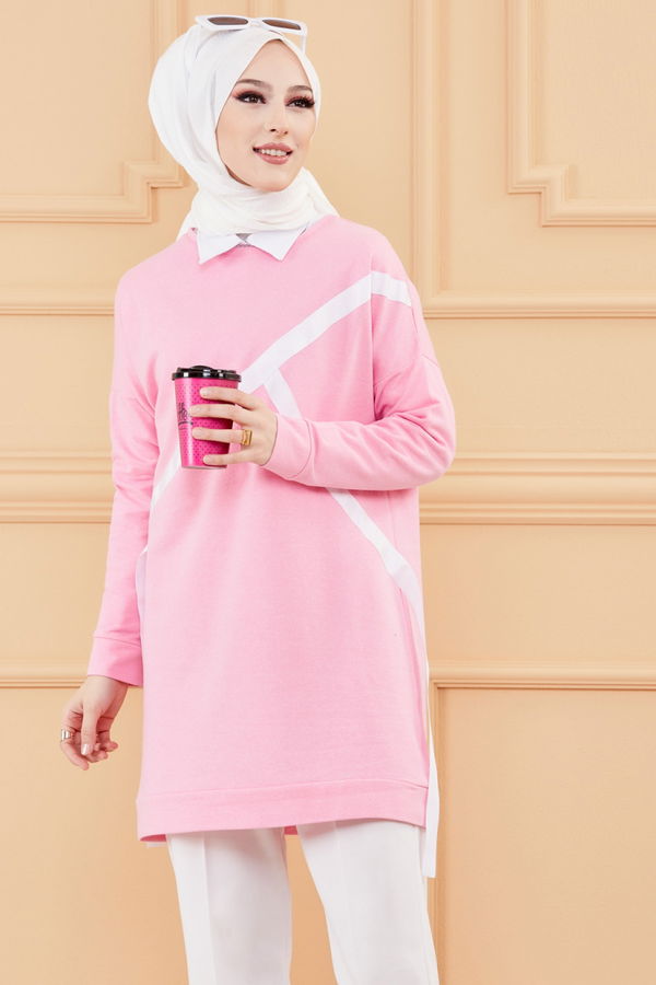 Düz Bisiklet Yaka Kadın Pembe TUNIK - 3372 PEMBE