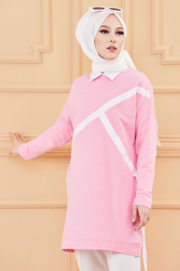 Düz Bisiklet Yaka Kadın Pembe TUNIK - 3372 PEMBE