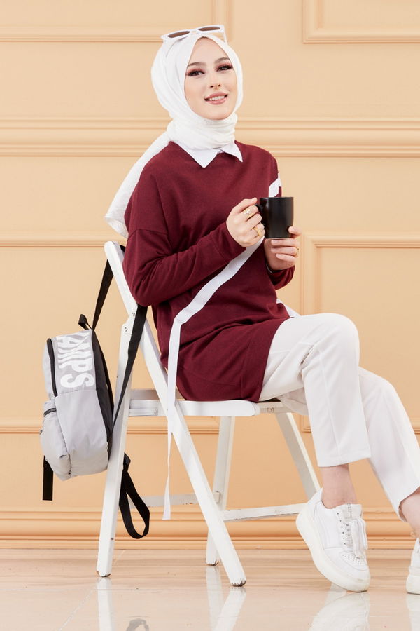 Düz Bisiklet Yaka Kadın Bordo TUNIK - 3372 BORDO