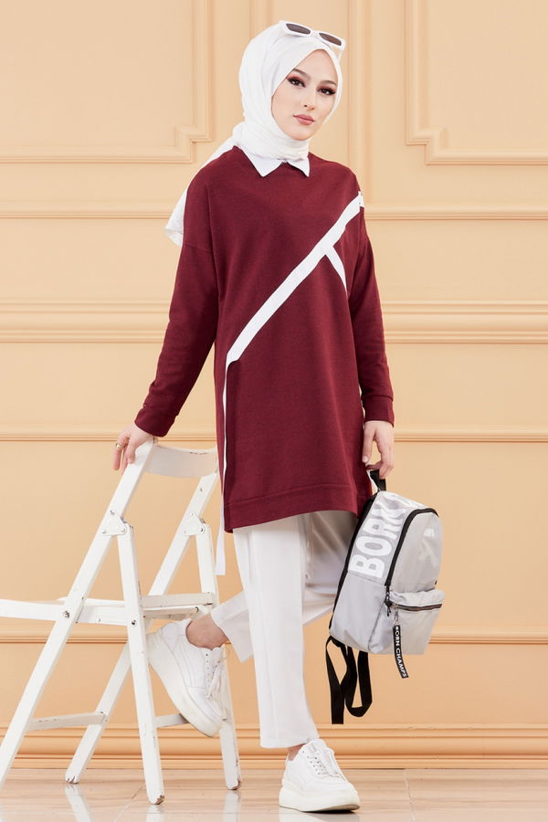Düz Bisiklet Yaka Kadın Bordo TUNIK - 3372 BORDO