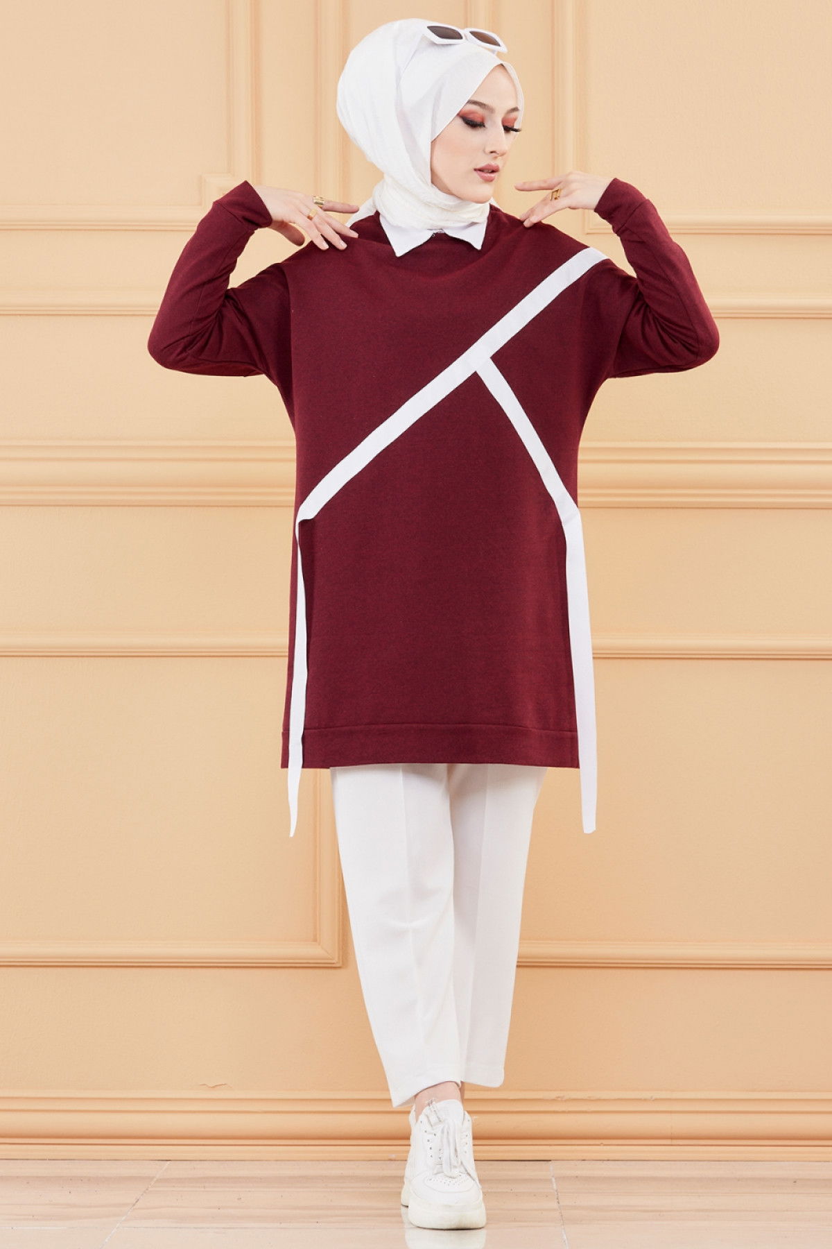 Düz Bisiklet Yaka Kadın Bordo TUNIK - 3372 BORDO
