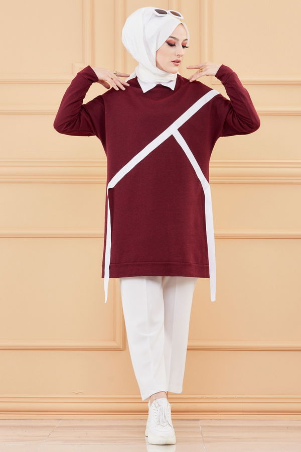 Düz Bisiklet Yaka Kadın Bordo TUNIK - 3372 BORDO