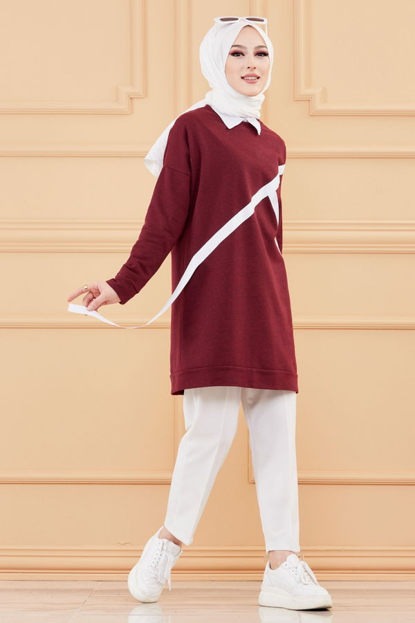 Düz Bisiklet Yaka Kadın Bordo TUNIK - 3372 BORDO