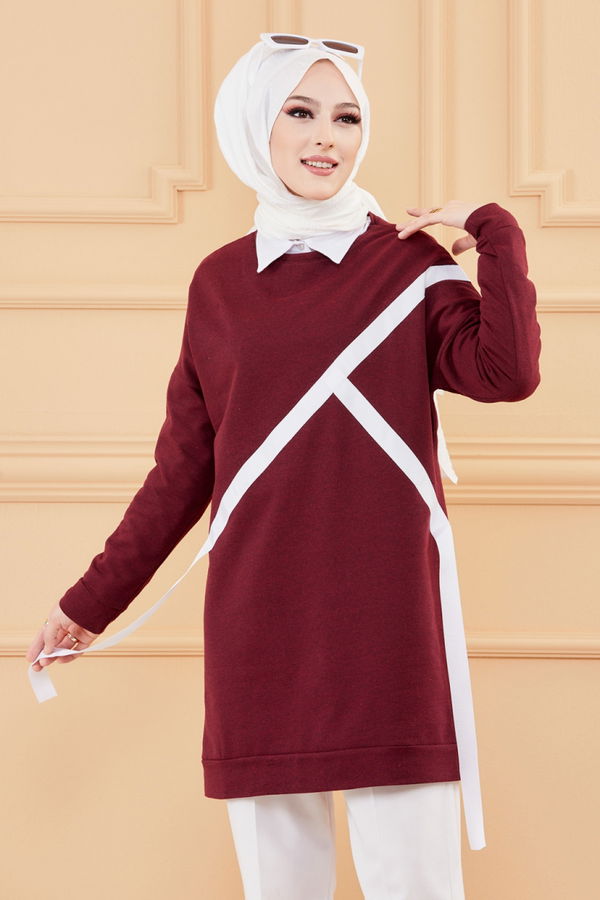 Düz Bisiklet Yaka Kadın Bordo TUNIK - 3372 BORDO